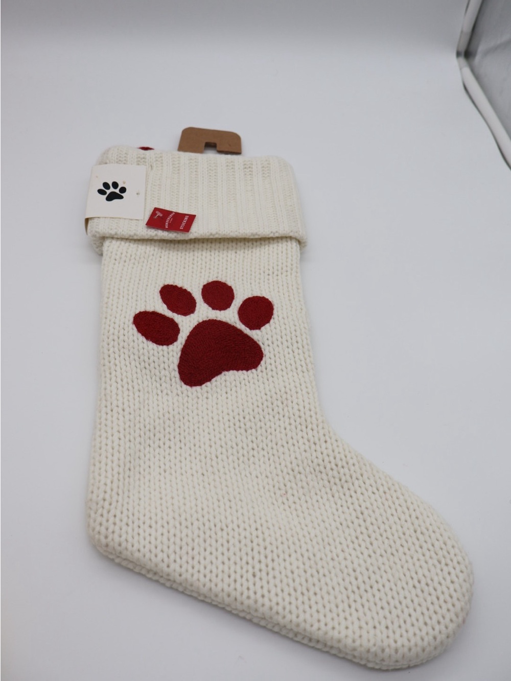 Target Cream Knit Dog Stocking with Red Paw